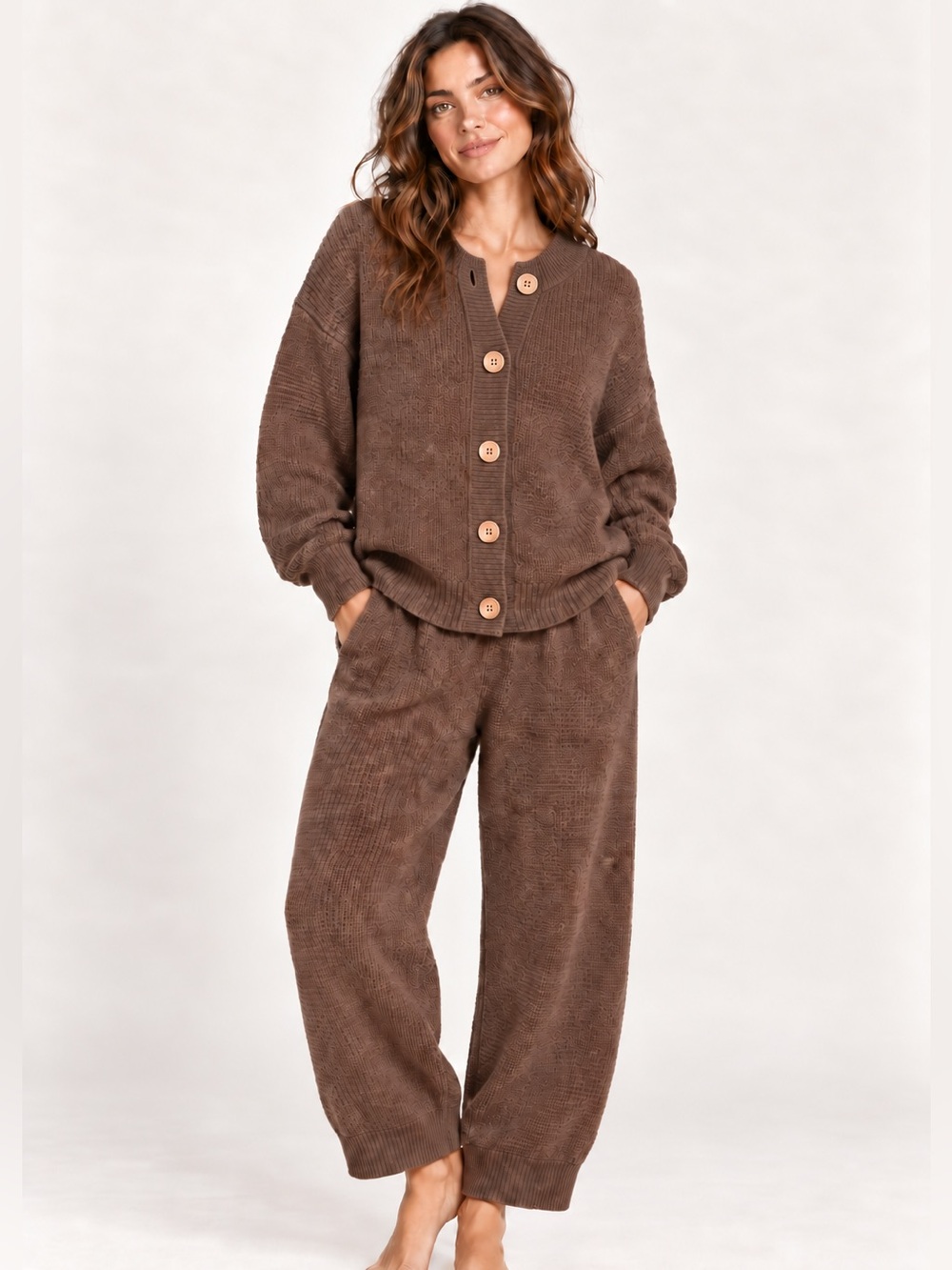 #1005 Free People Hailee Sweater Set Brown 2 Piece Knit Lounge Small